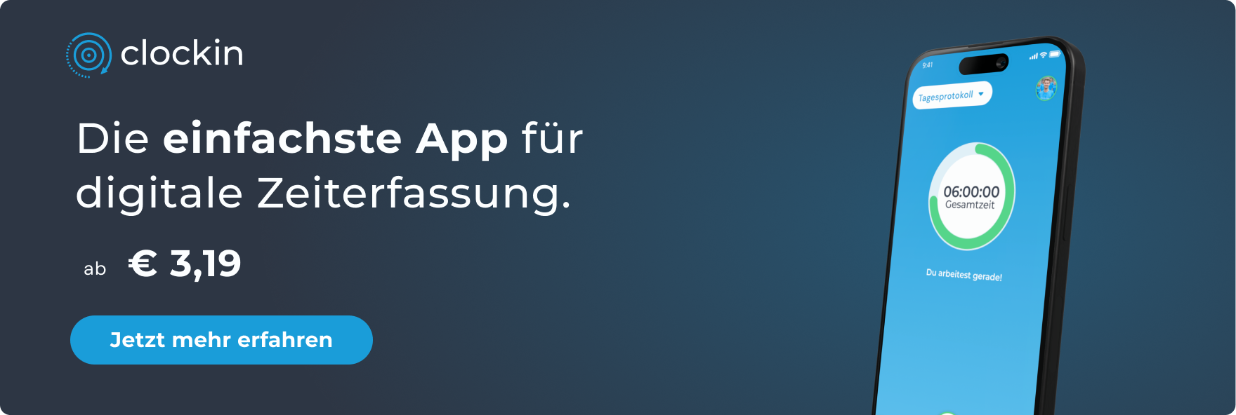 Die einfachste App für digitale Zeiterfassung ab 3,19 €. Jetzt mehr erfahren