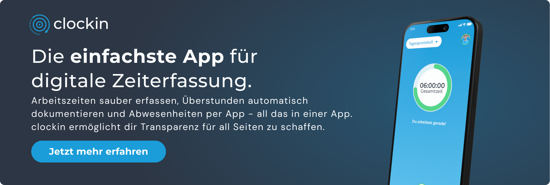 Die einfachste App für digitale Ziterfassung. Arbeitszeiten sauber erfassen, Überstunden automatisch dokumentieren und Abwesenheiten per App – all das in einer App. clockin ermöglicht dir Transprenz für alle Seiten zu schaffen. Jetzt mehr erfahren.