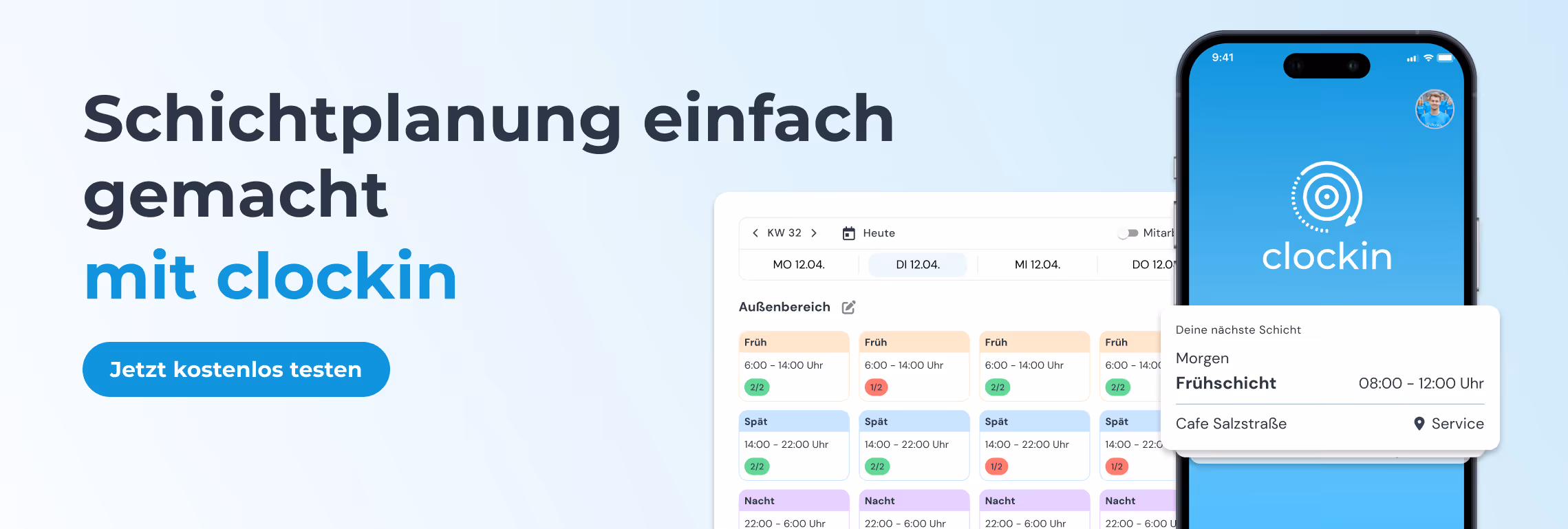 Schichtplanung einfach gemacht mit clockin. Jetzt kostenlos testen