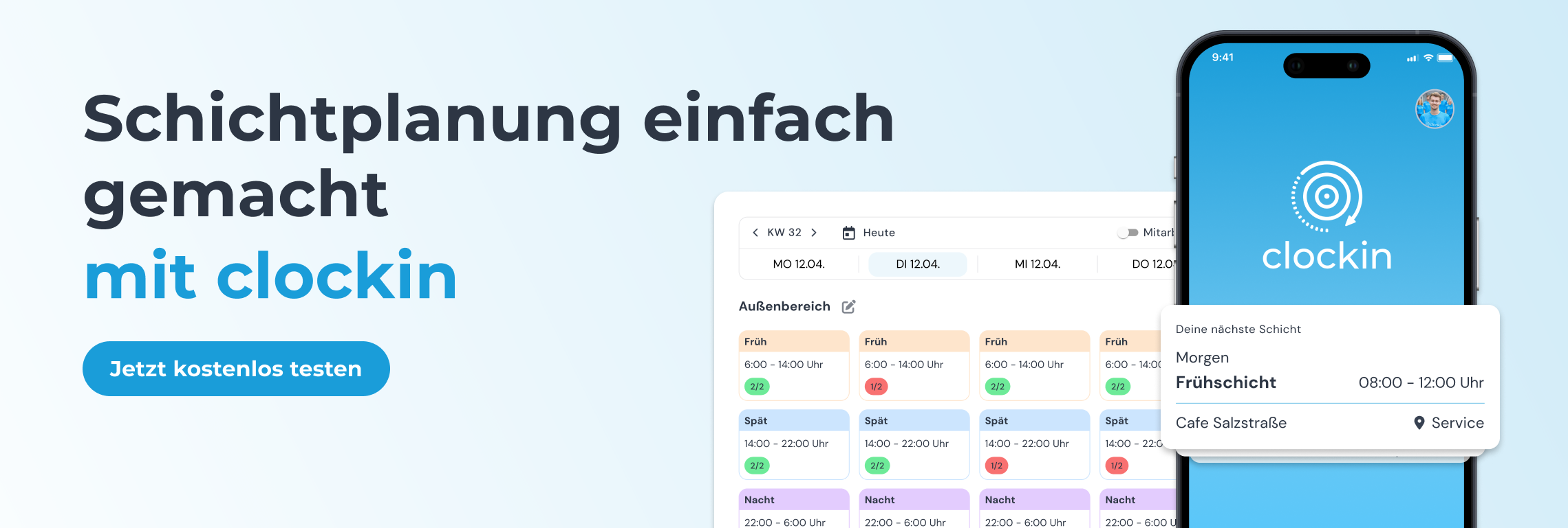 Schichtplanung einfach gemacht mit clockin. Jetzt kostenlos testen