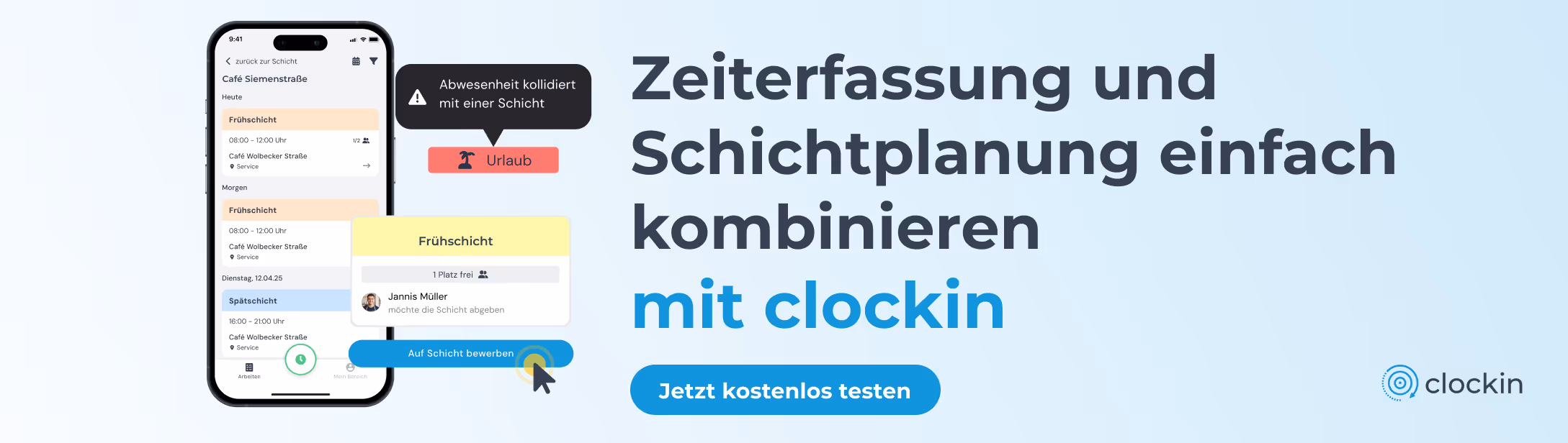 Zeiterfassung und Schichtplanung einfach kombinieren mit clockin. Jetzt kostenlos testen