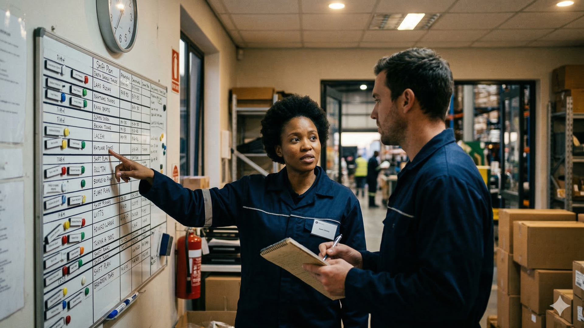 Zwei Personen stehen vor einem an ein Whiteboard geschriebenen Schichtplan. Die Frau zeigt auf den Plan während der Mann sich etwas auf einem Notizblock notiert. 