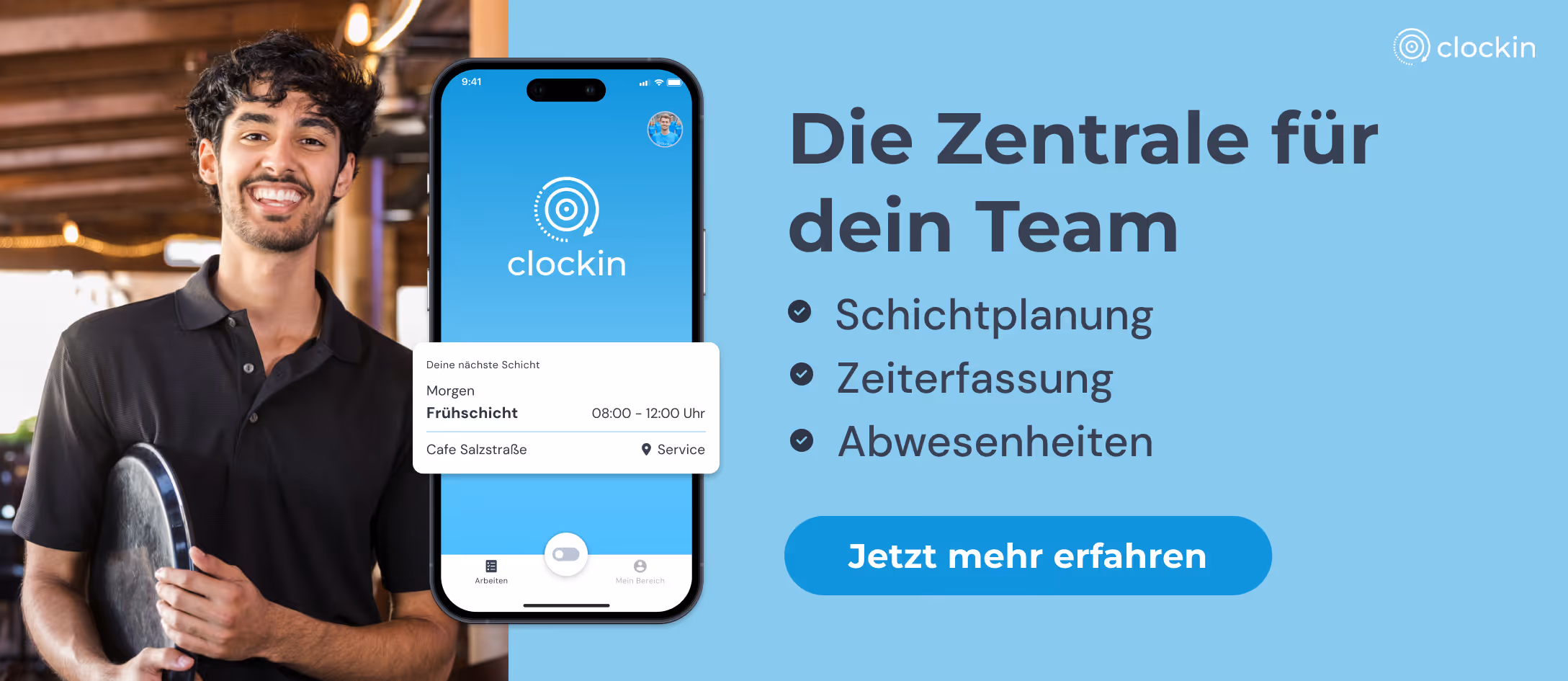 Die Zentrale für dein Team > Schichtplanung, Zeiterfassung, Abwesenheiten. Jetzt mehr erfahren