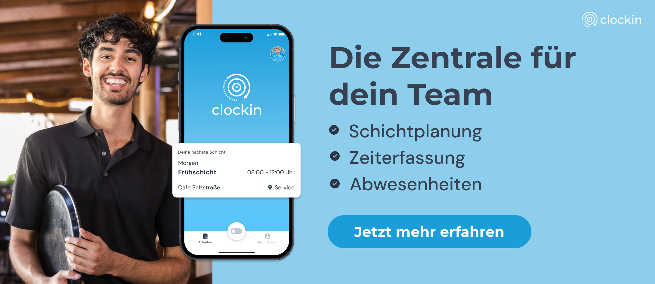 Die Zentrale für dein Team > Schichtplanung, Zeiterfassung, Abwesenheiten. Jetzt mehr erfahren