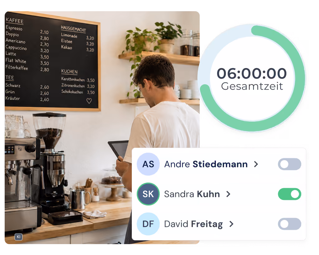 Mockup der clockin Stechuhr-App mit Zeiterfassung und Mitarbeiterübersicht für die Gastronomie