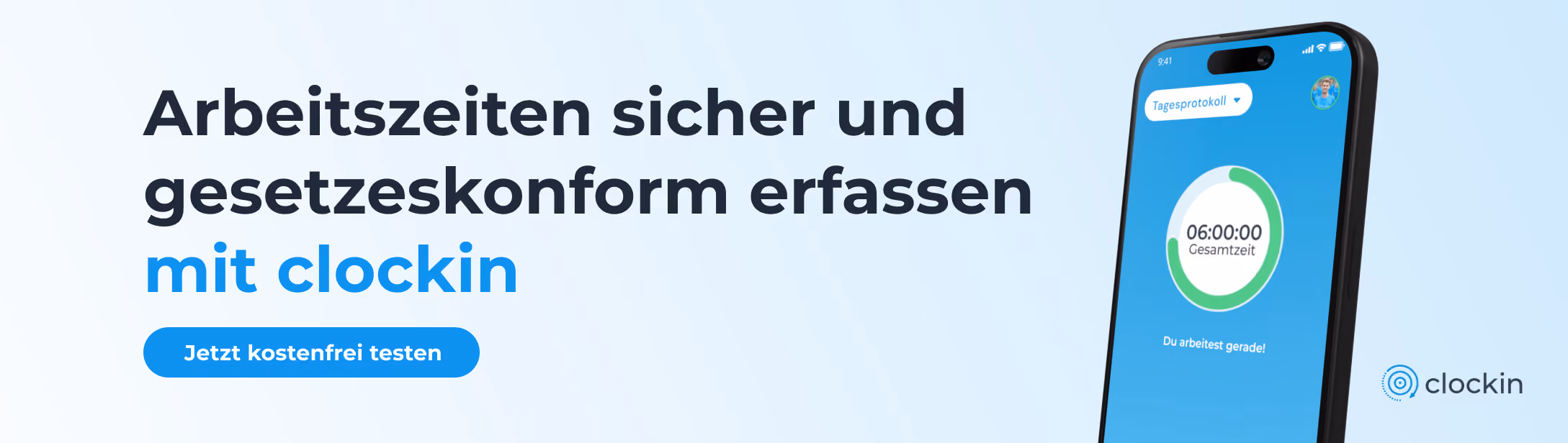 Arbeitszeiten sicher und gesetzeskonform erfassen mit clockin. Jetzt kostenfrei testen