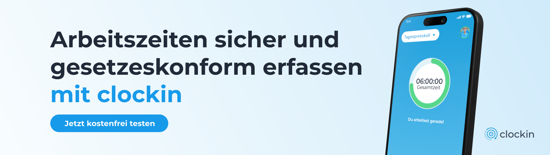 Arbeitszeiten sicher und gesetzeskonform erfassen mit clockin. Jetzt kostenfrei testen