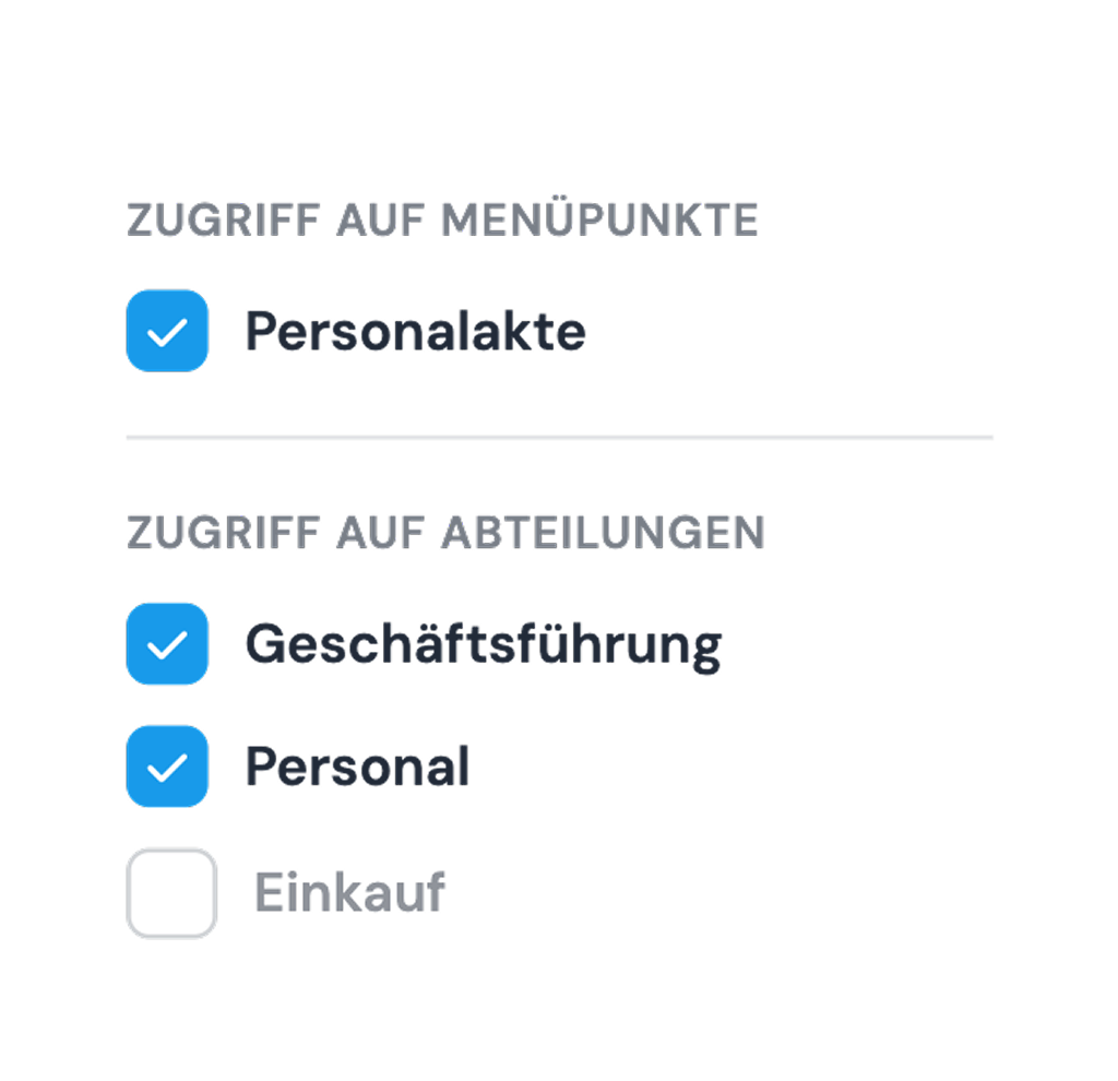 Zugriffsrechte in clockin: Haken beim Menüpunkt Personalakte sowie bei den Abteilungen Geschäftsführung und Personal, die Abteilung Einkauf ist nicht freigegeben