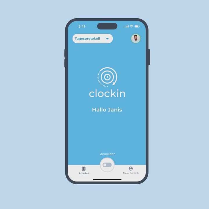 clockin App auf dem Smartphone: anmelden, Arbeitszeit starten und das Tagesprotokoll ansehen