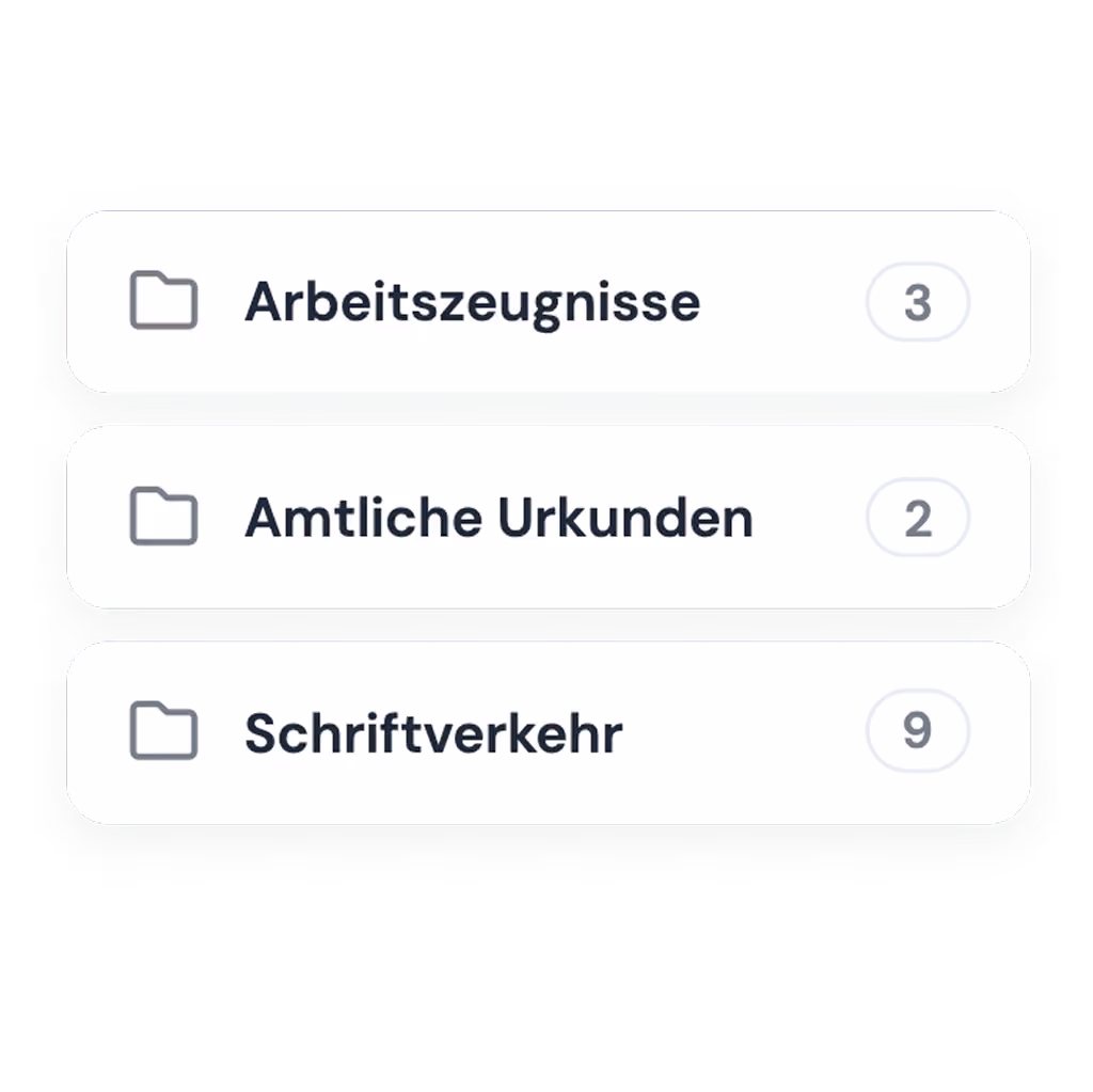 Ordnerliste in der digitalen Personalakte: Arbeitszeugnisse, Amtliche Urkunden und Schriftverkehr, jeder Ordner mit der Anzahl der abgelegten Dokumente