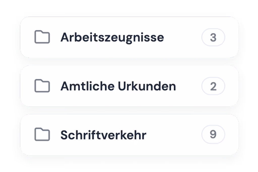Ordnerliste in der digitalen Personalakte: Arbeitszeugnisse, Amtliche Urkunden und Schriftverkehr, jeder Ordner mit der Anzahl der abgelegten Dokumente