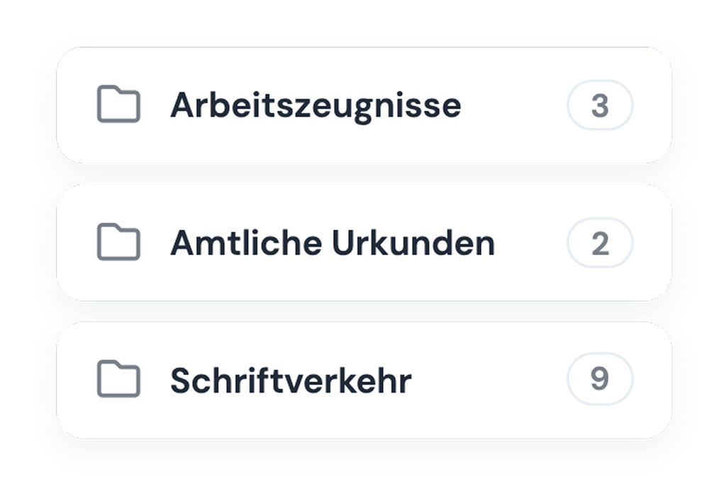 Ordnerliste in der digitalen Personalakte: Arbeitszeugnisse, Amtliche Urkunden und Schriftverkehr, jeder Ordner mit der Anzahl der abgelegten Dokumente