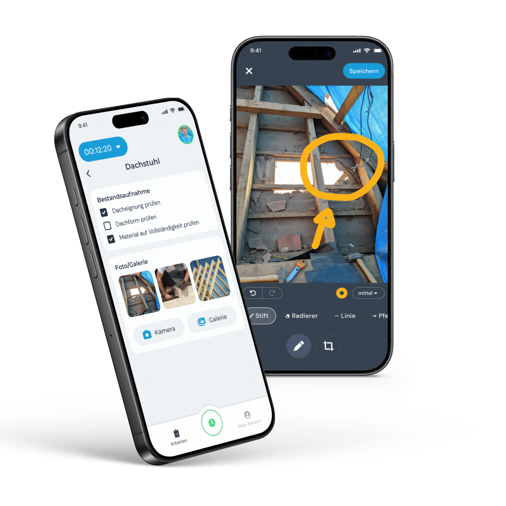 clockin App auf zwei Smartphones: Checkliste und Fotos zum Dachstuhl sowie ein Foto, in dem eine Stelle im Dachstuhl markiert ist