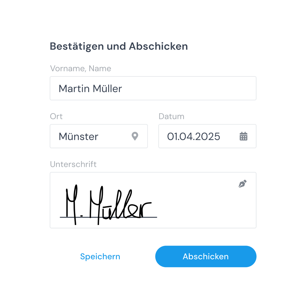 Formular in clockin zur Kundenbestätigung mit Name, Ort, Datum und digitaler Unterschrift