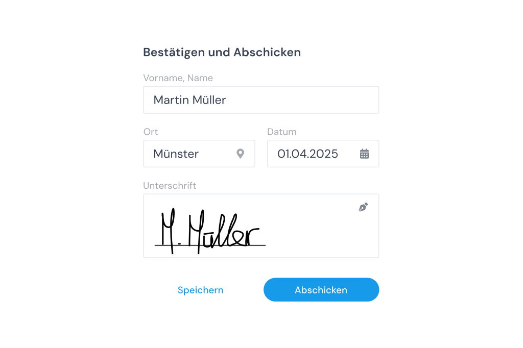 Formular in clockin zur Kundenbestätigung mit Name, Ort, Datum und digitaler Unterschrift