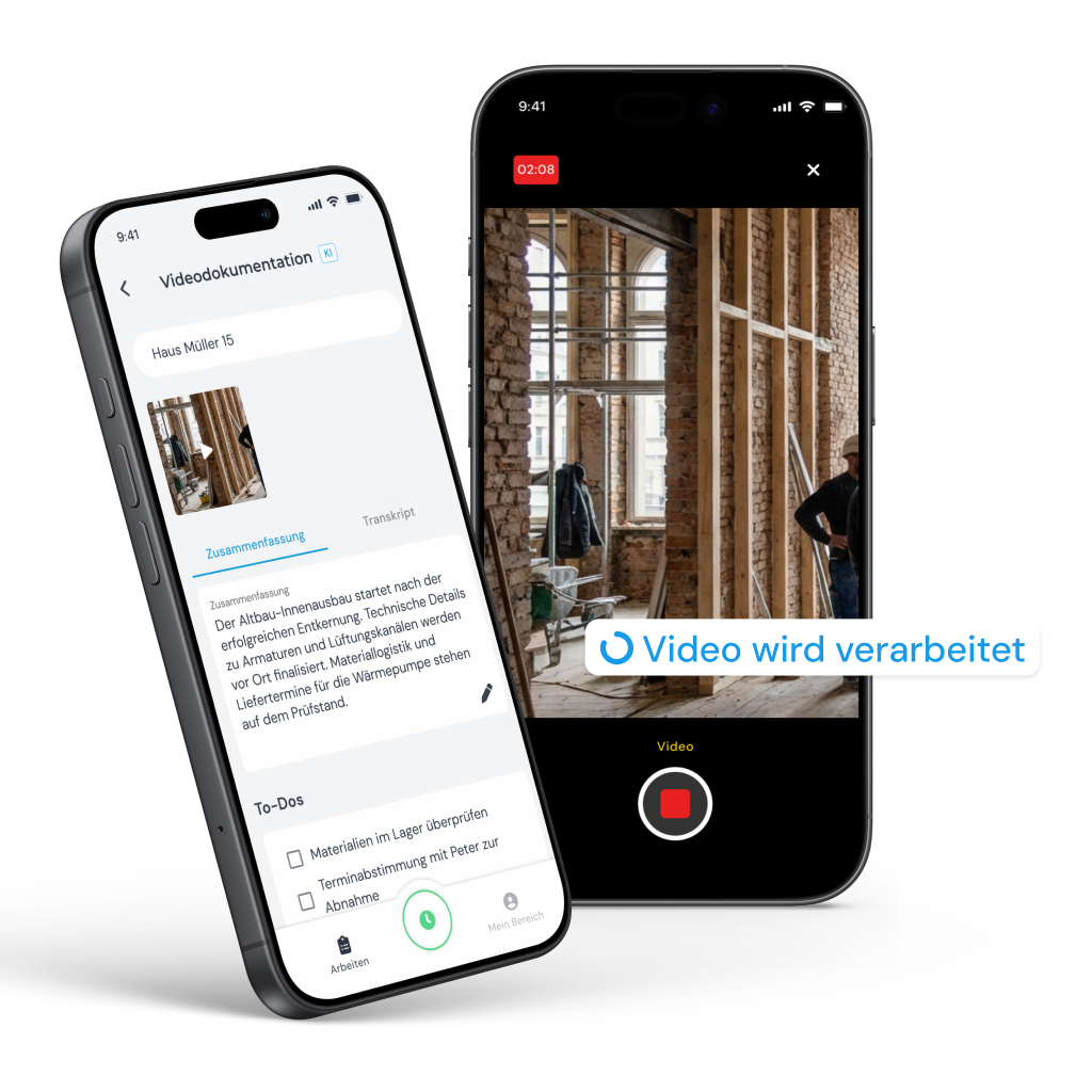 Videoaufnahme einer Baustelle in der clockin App, daneben das daraus erstellte Protokoll mit Zusammenfassung und To-dos