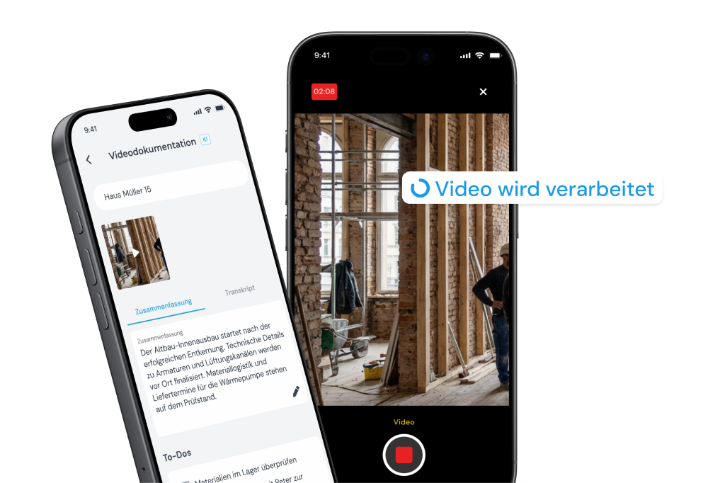 Videoaufnahme einer Baustelle in der clockin App, daneben das daraus erstellte Protokoll mit Zusammenfassung und To-dos