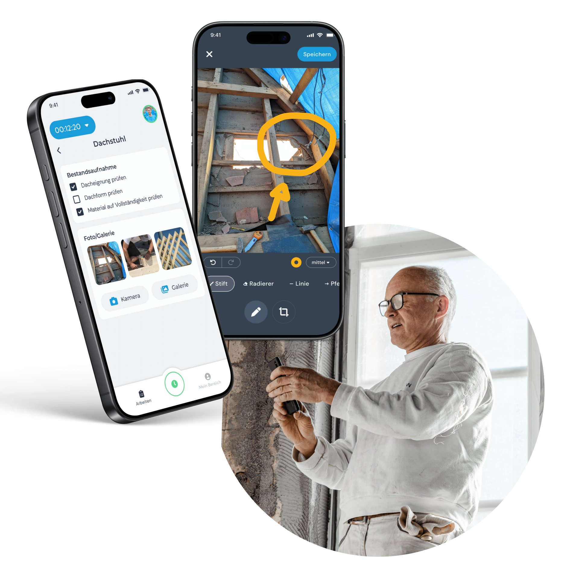 Zwei Smartphones mit der clockin App: links eine Checkliste und Fotogalerie zum Dachstuhl, rechts ein Baustellenfoto mit Markierung. Daneben ein Handwerker, der mit dem Handy auf der Baustelle dokumentiert.
