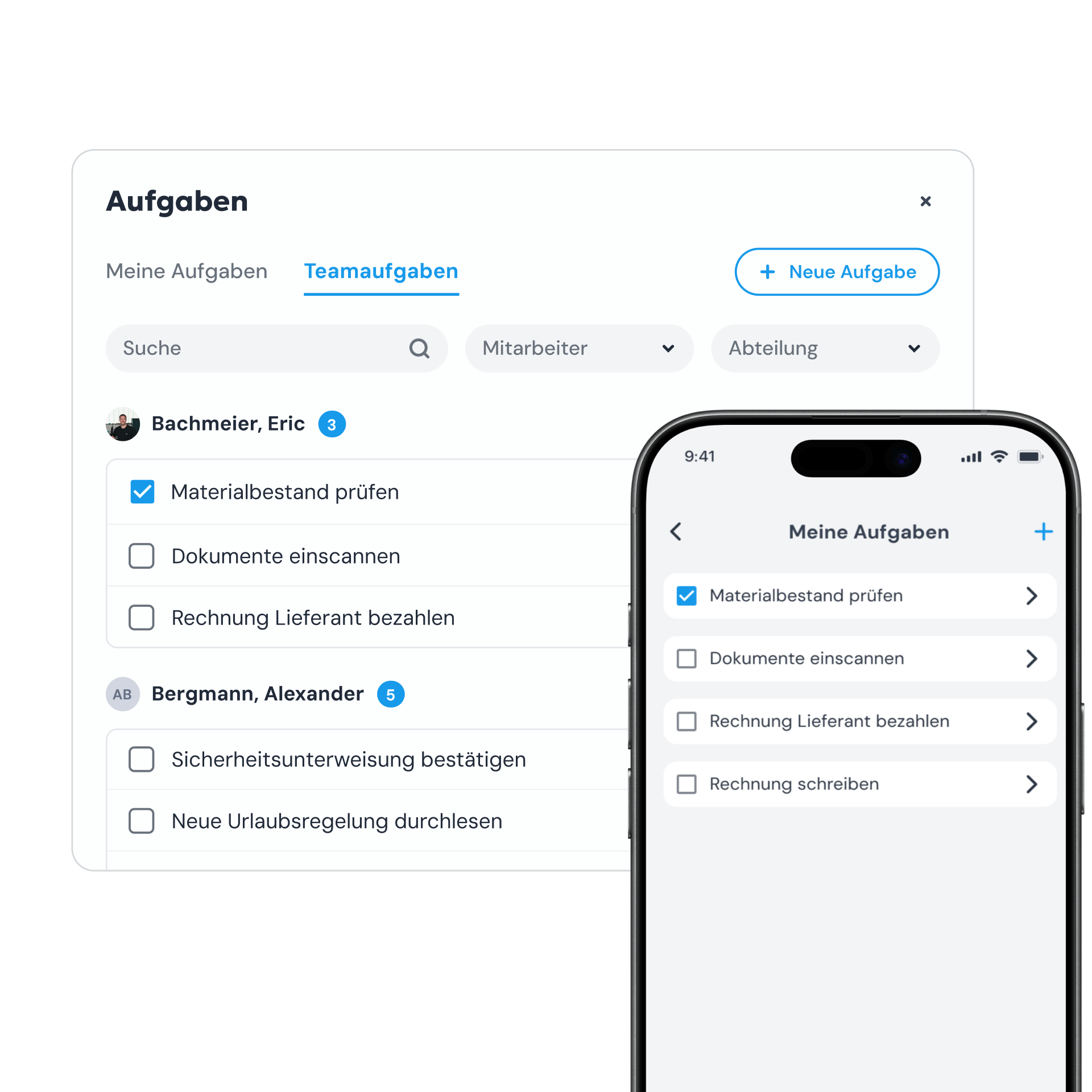 Aufgabenübersicht in clockin am Computer mit Teamaufgaben nach Mitarbeitern und daneben die Liste „Meine Aufgaben“ in der clockin App