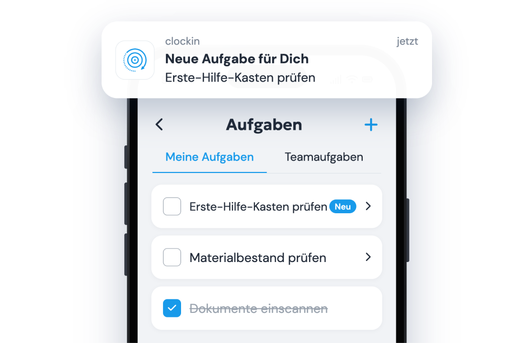 Push-Nachricht „Neue Aufgabe für Dich“ auf dem Handy über der Aufgabenliste in der clockin App, eine Aufgabe ist bereits abgehakt