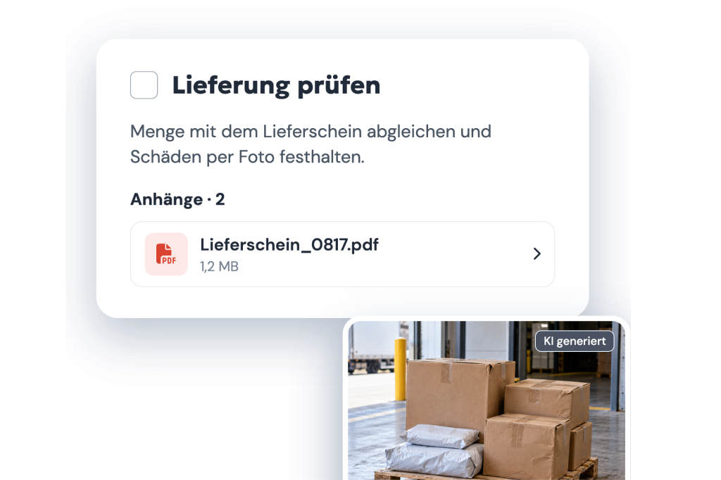 Aufgabe „Lieferung prüfen“ in clockin mit angehängtem Lieferschein als PDF und einem Foto der gelieferten Ware