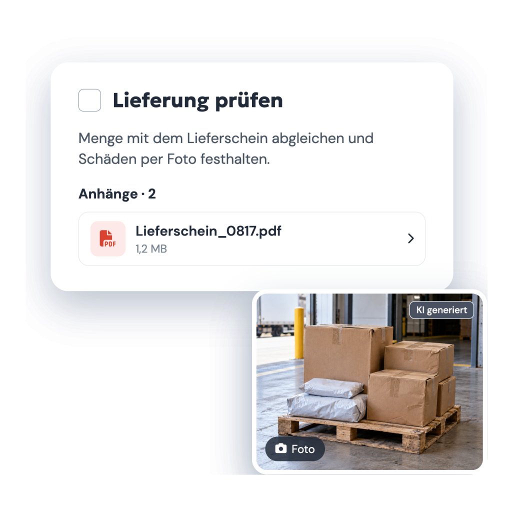 Aufgabe „Lieferung prüfen“ in clockin mit angehängtem Lieferschein als PDF und einem Foto der gelieferten Ware