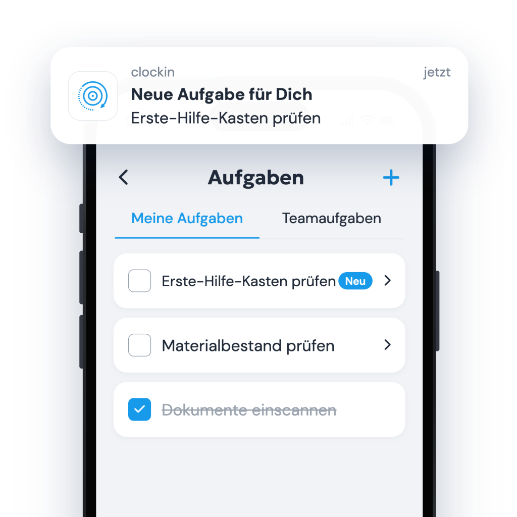 Push-Nachricht „Neue Aufgabe für Dich“ auf dem Handy über der Aufgabenliste in der clockin App, eine Aufgabe ist bereits abgehakt