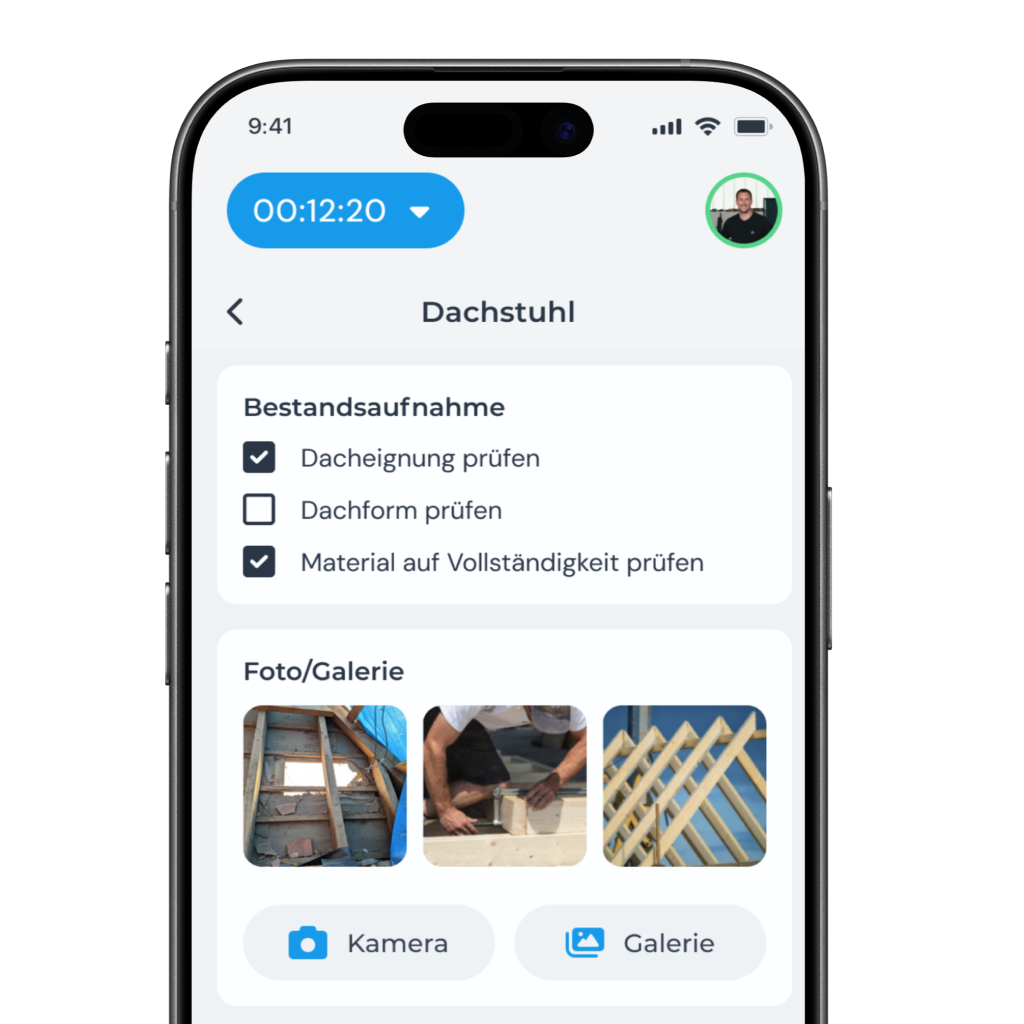Digitale Bauakte in der clockin App mit Infos, die Team auf der Baustelle und Büro gemeinsam sehen