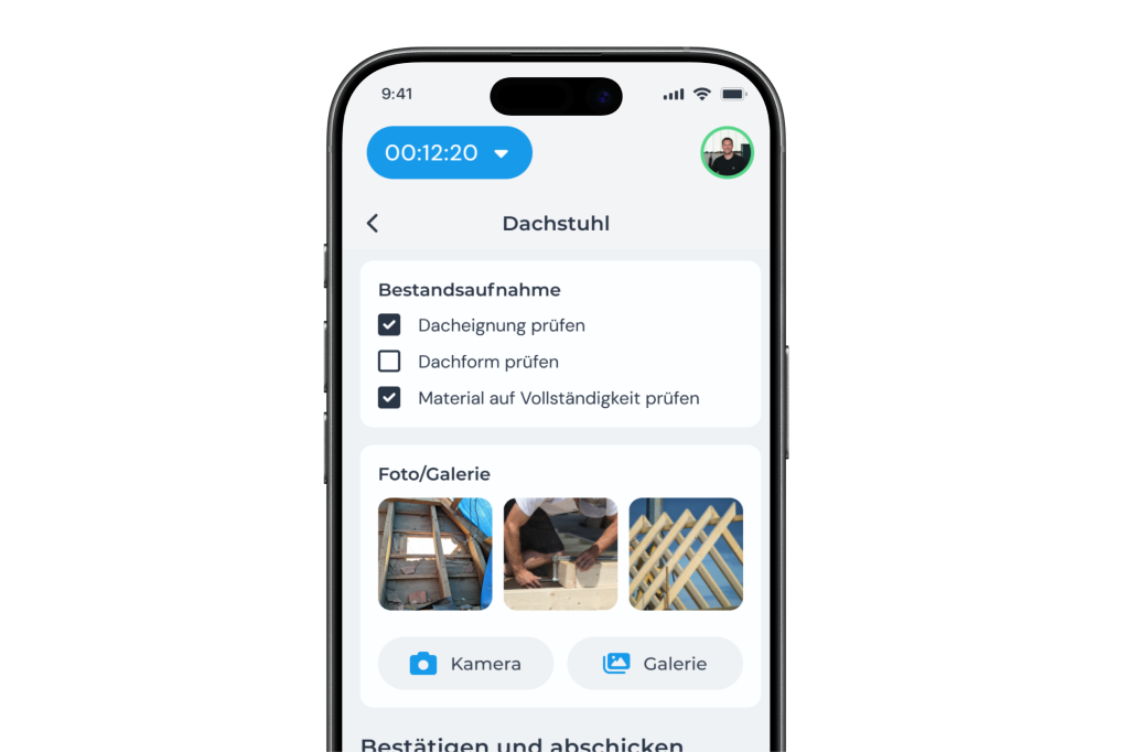 Digitale Bauakte in der clockin App mit Infos, die Team auf der Baustelle und Büro gemeinsam sehen