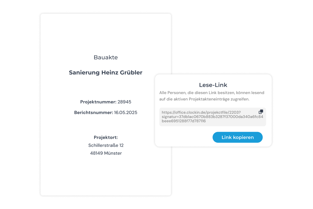 Digitale Bauakte als PDF exportieren oder per Lese-Link mit dem Auftraggeber teilen