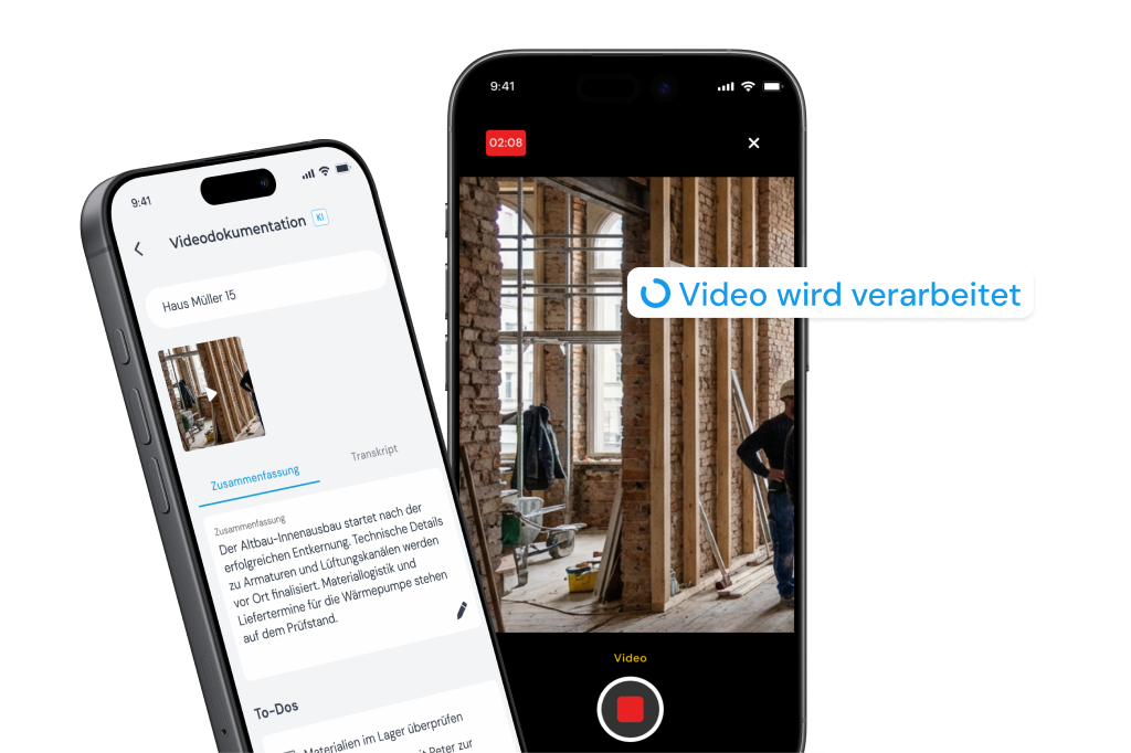 Videoaufnahme einer Baustelle in der clockin App, daneben das daraus erstellte Protokoll mit offenen Aufgaben in der digitalen Bauakte