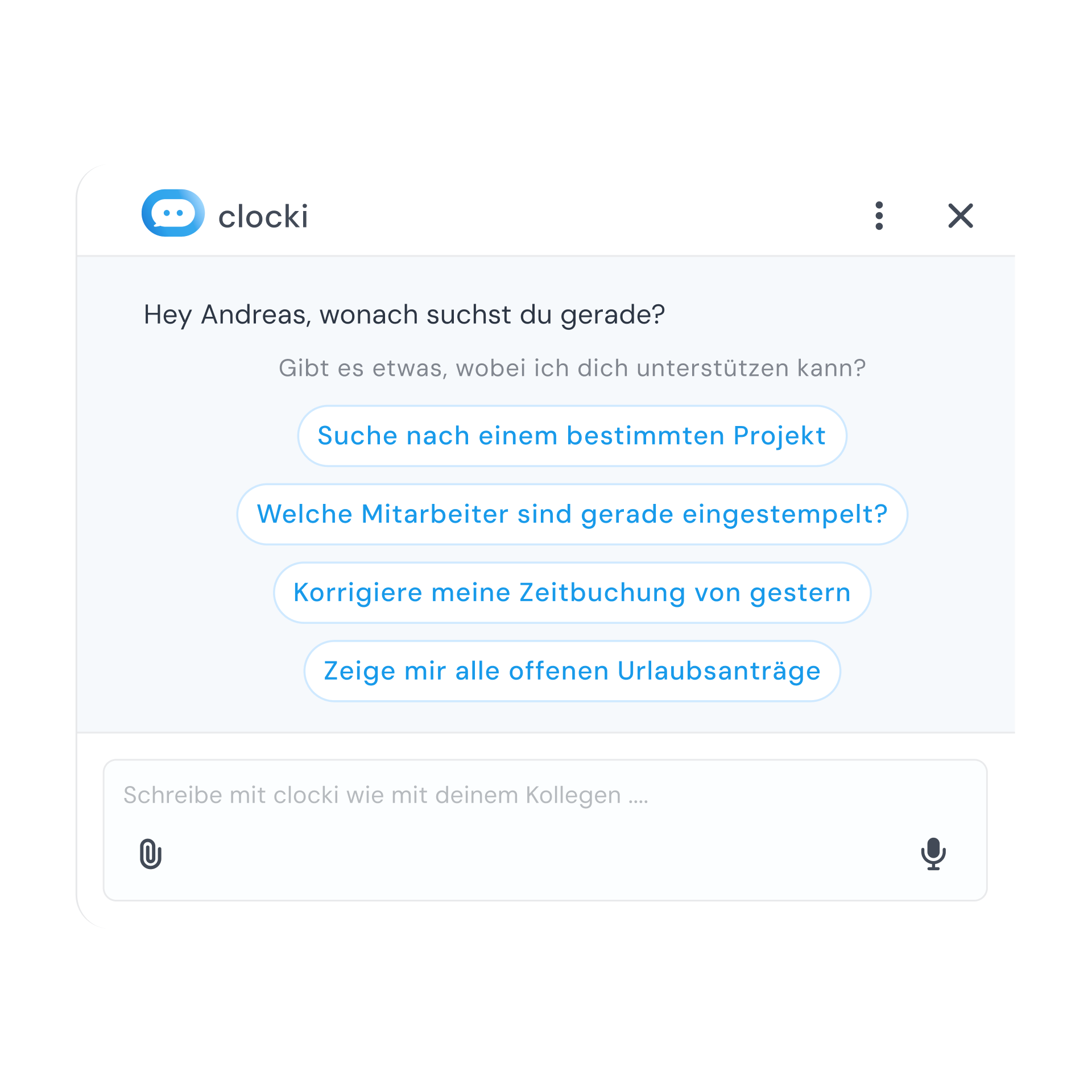 clocki-Chat in clockin mit Vorschlägen wie „Welche Mitarbeiter sind gerade eingestempelt?“ und „Korrigiere meine Zeitbuchung von gestern“