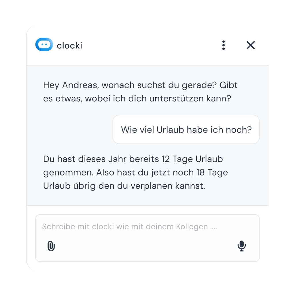 clocki-Chat: Auf die Frage „Wie viel Urlaub habe ich noch?“ antwortet clocki mit dem genauen Resturlaub