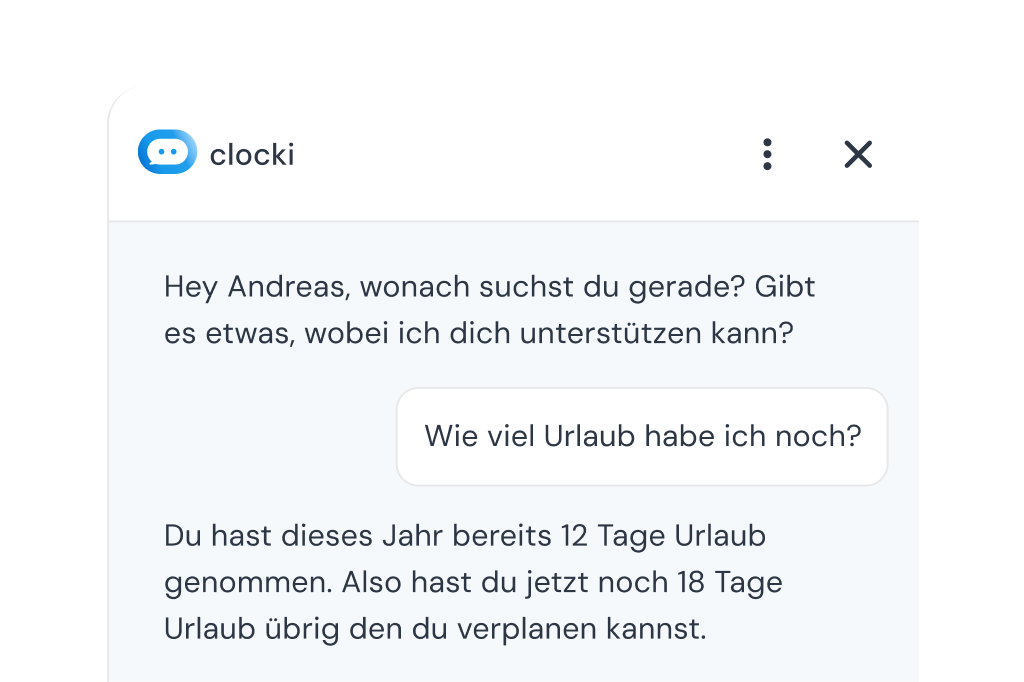 clocki-Chat: Auf die Frage „Wie viel Urlaub habe ich noch?“ antwortet clocki mit dem genauen Resturlaub