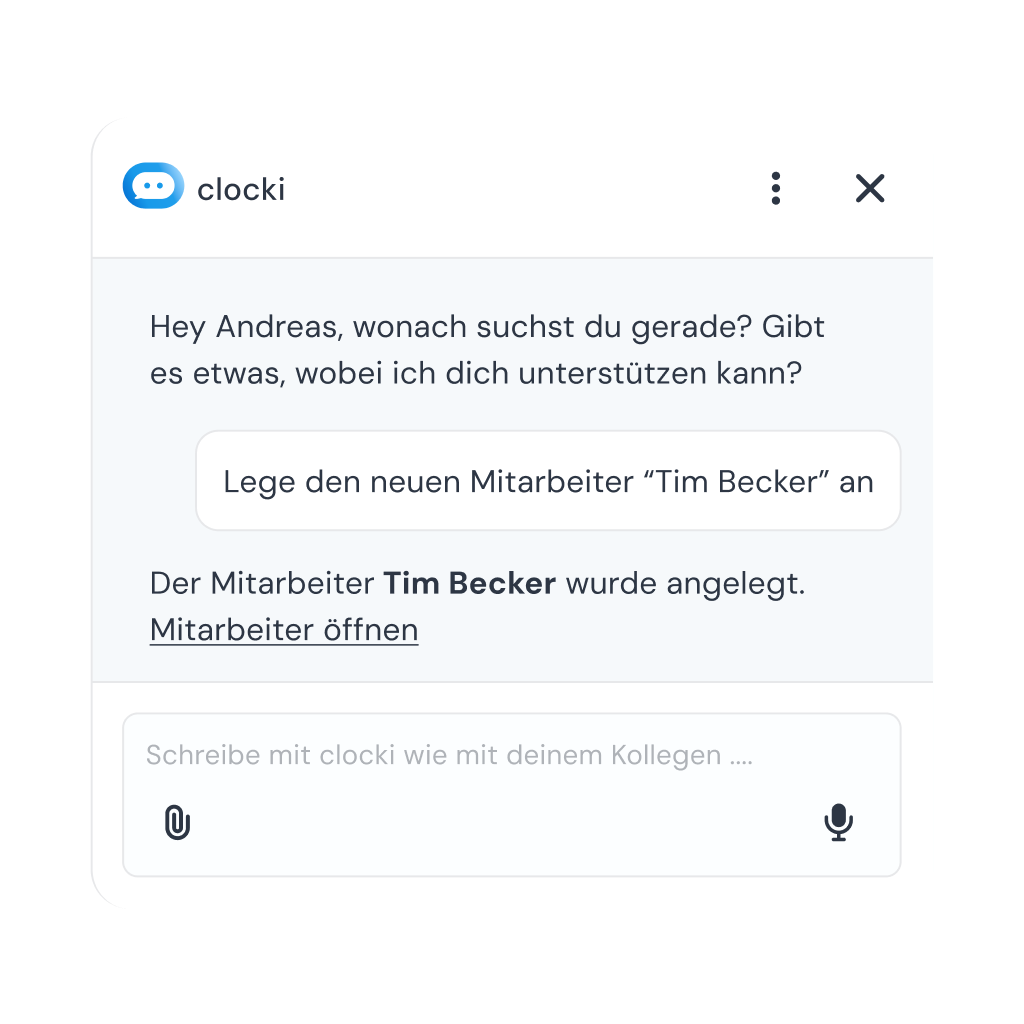 clocki-Chat: Auf die Nachricht „Lege den neuen Mitarbeiter Tim Becker an“ bestätigt clocki, dass der Mitarbeiter angelegt wurde