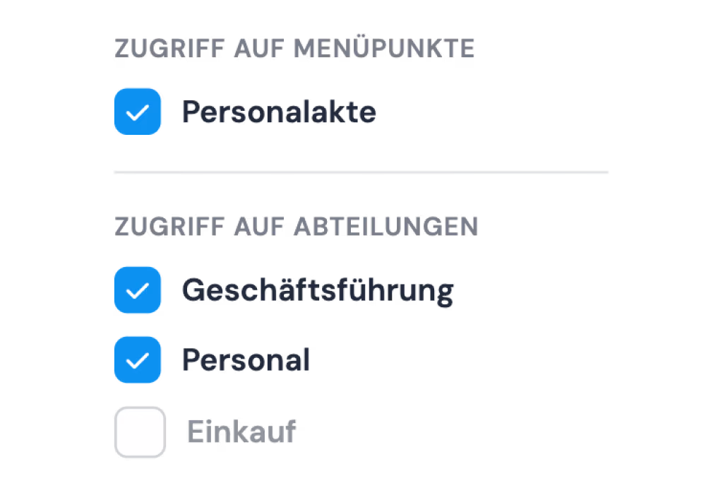Access rights in clockin: the employee file menu item and the Management and HR departments are checked, the Purchasing department is not enabled
