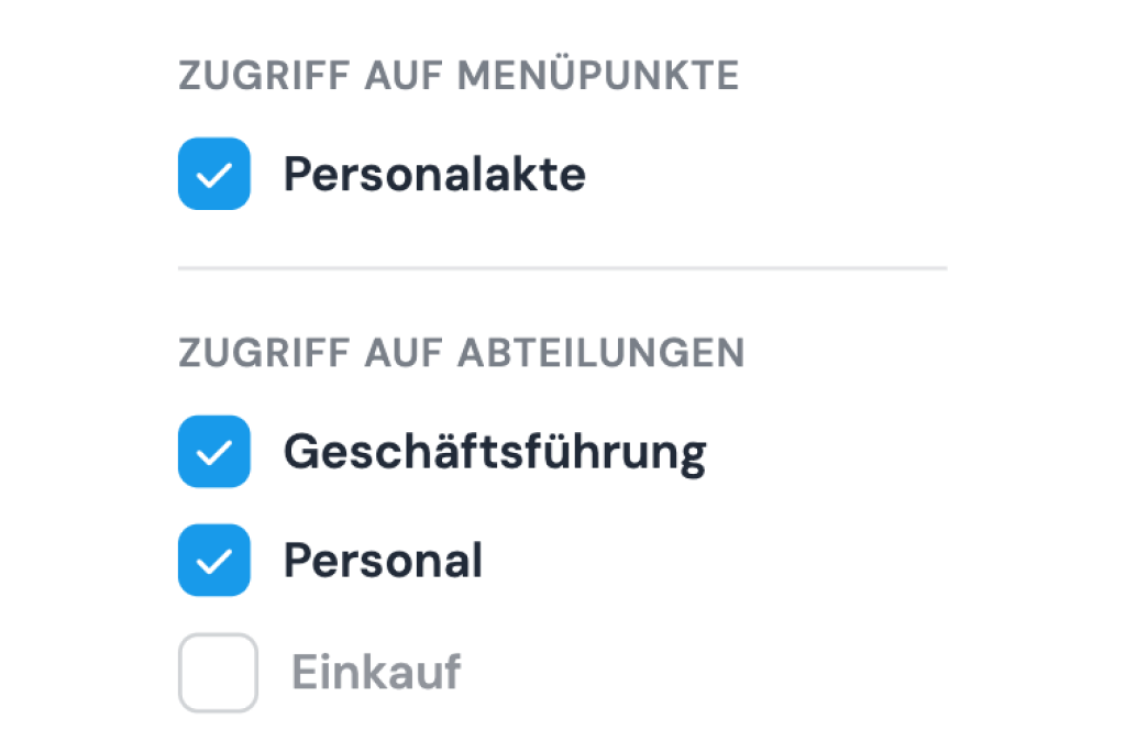 Access rights in clockin: the employee file menu item and the Management and HR departments are checked, the Purchasing department is not enabled