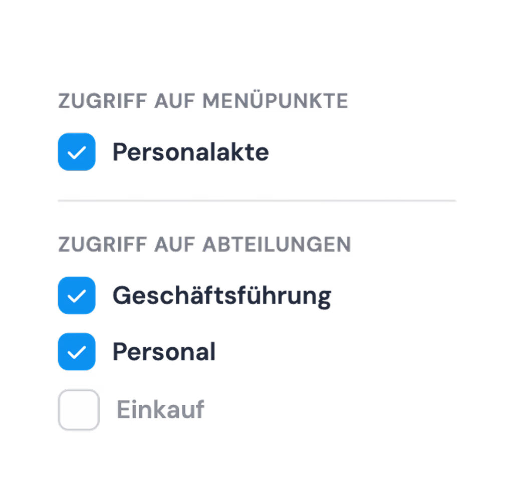 Access rights in clockin: the employee file menu item and the Management and HR departments are checked, the Purchasing department is not enabled