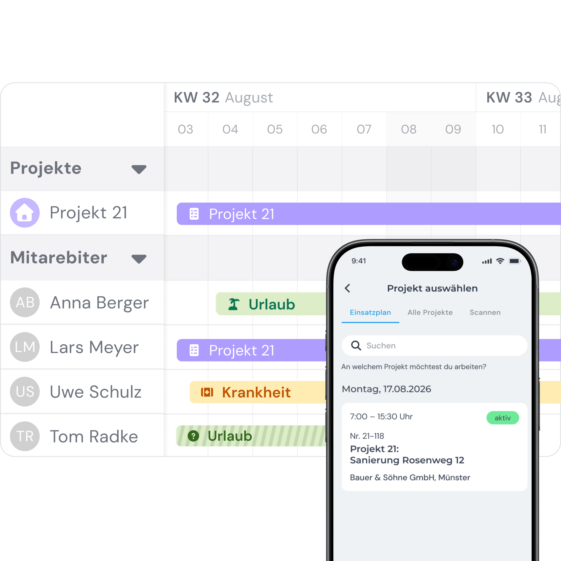 Digitale Plantafel in clockin: Zeitleiste mit Projekt 21 und den Einsätzen, Urlauben und Krankheitstagen der Mitarbeitenden, daneben die clockin App mit dem Einsatzplan für Projekt 21