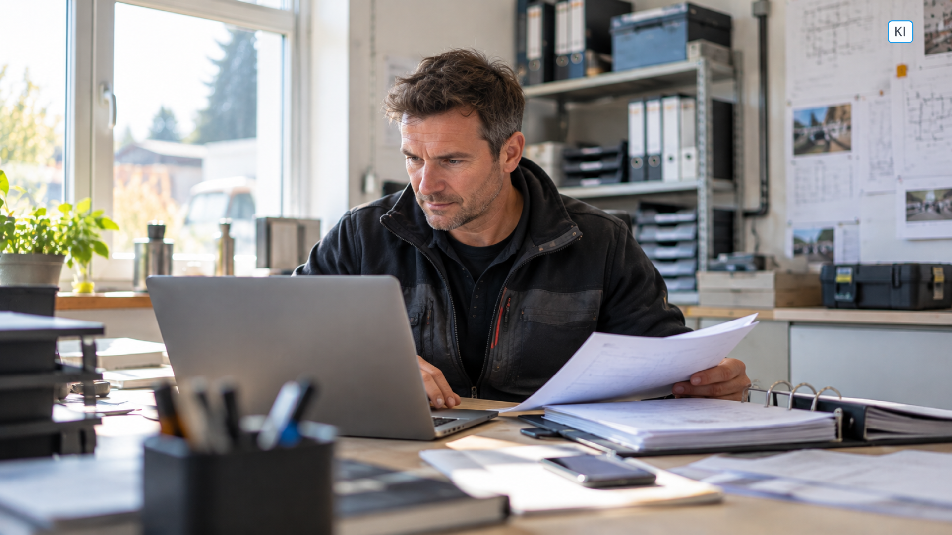 Mitarbeiterin eines Handwerksbetriebs vergleicht Unterlagen aus dem Aktenordner mit der digitalen Ablage am Laptop