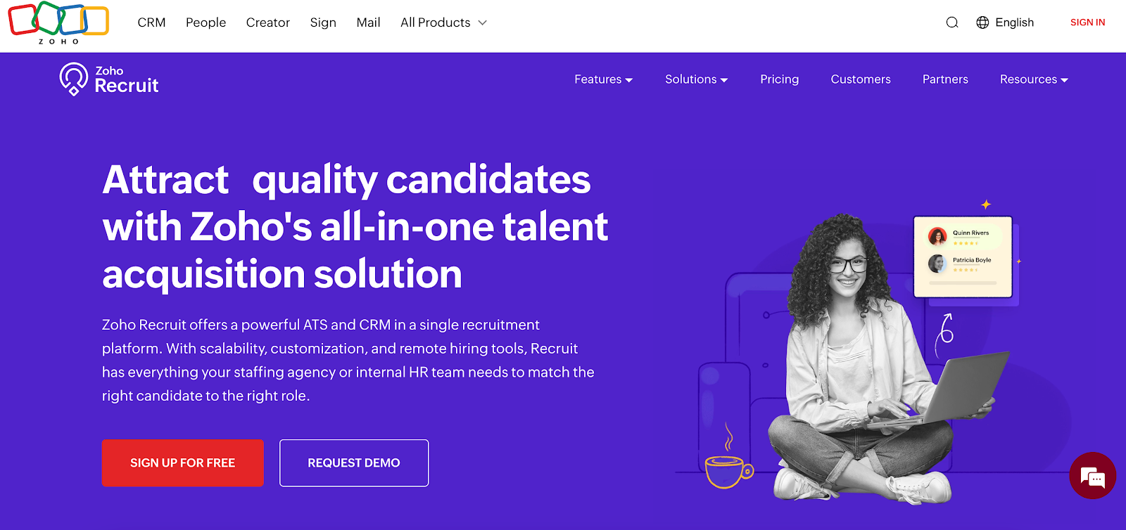 Screenshot of Zoho Recruit's website homepage