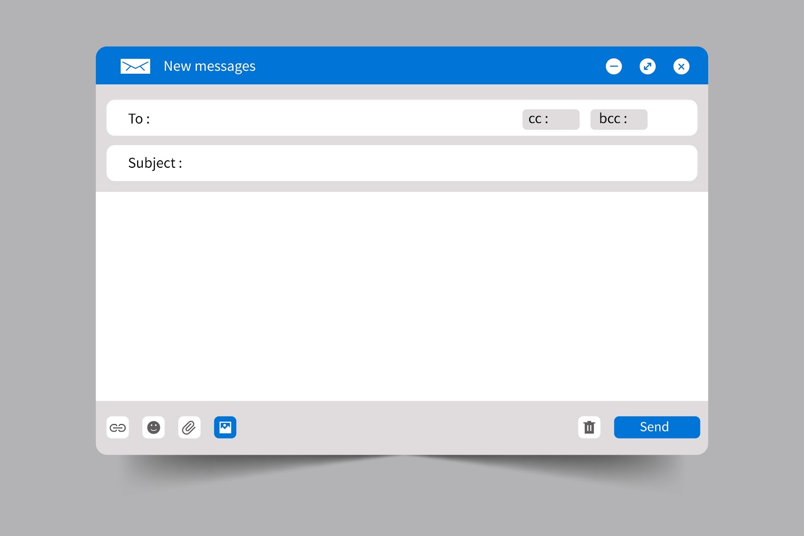 Blank email composition window with fields for recipient, subject, and message body