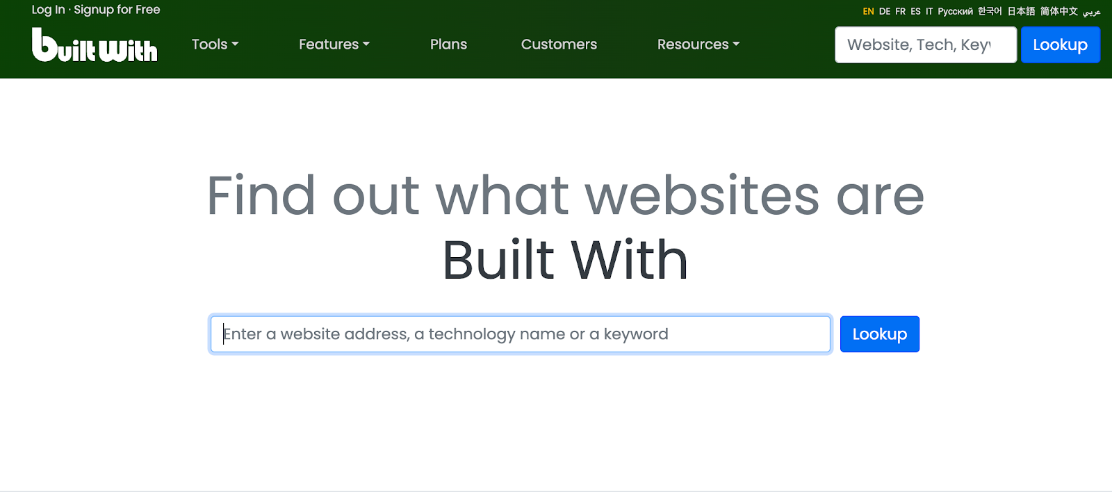 Screenshot of BuiltWith's website homepage