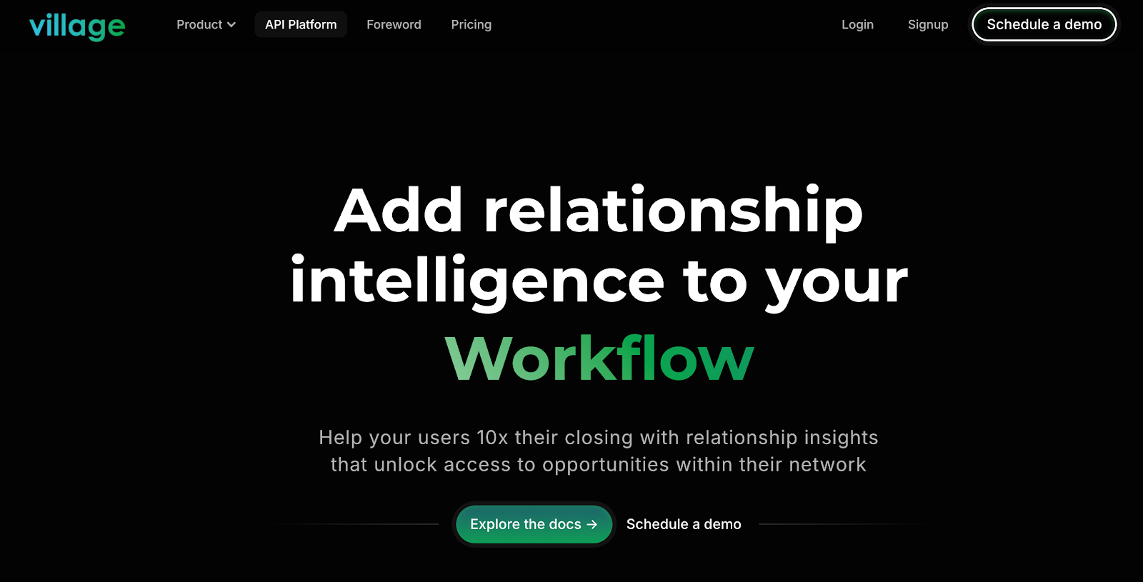 Screenshot of Village's API platform homepage