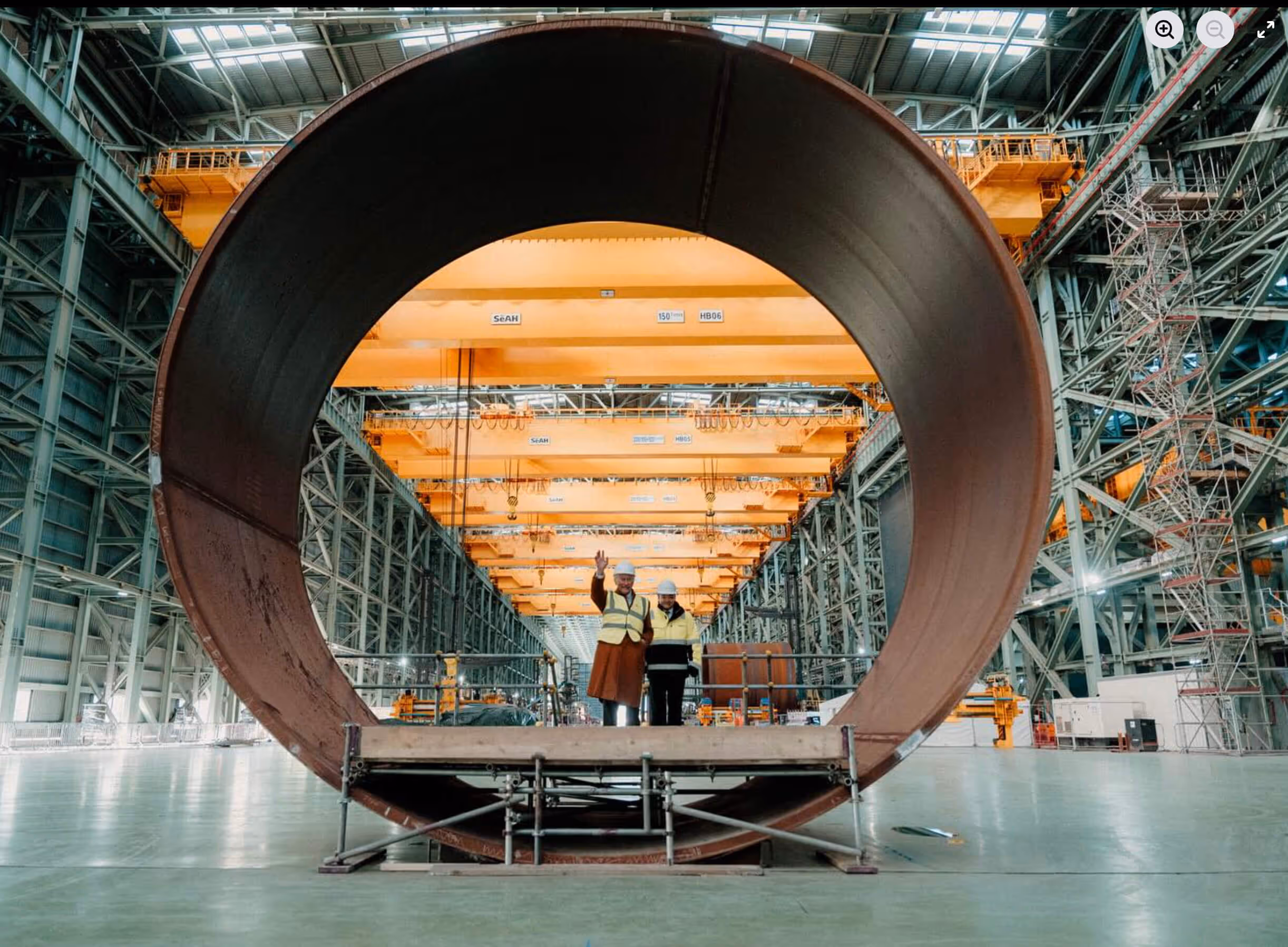 Since 2016 the Teesside region has been transformed into an industrial decarbonisation cluster, making products like wind turbines. Shown here, King Charles III visits the SEAH Wind factory at Teesside, which makes monopilings for offshore wind turbines. 