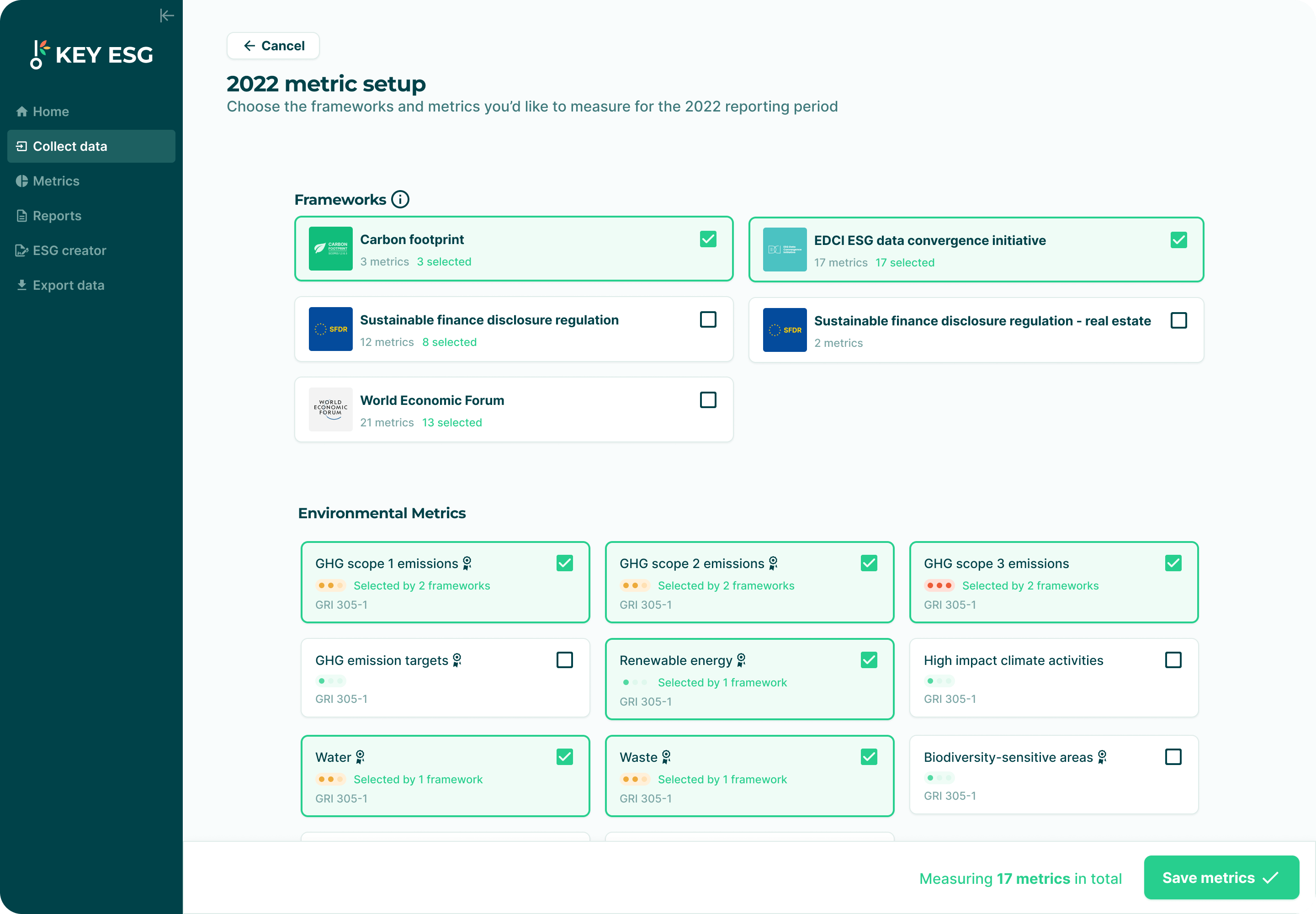 A screenshot of a user inserting data into the KEY ESG interface