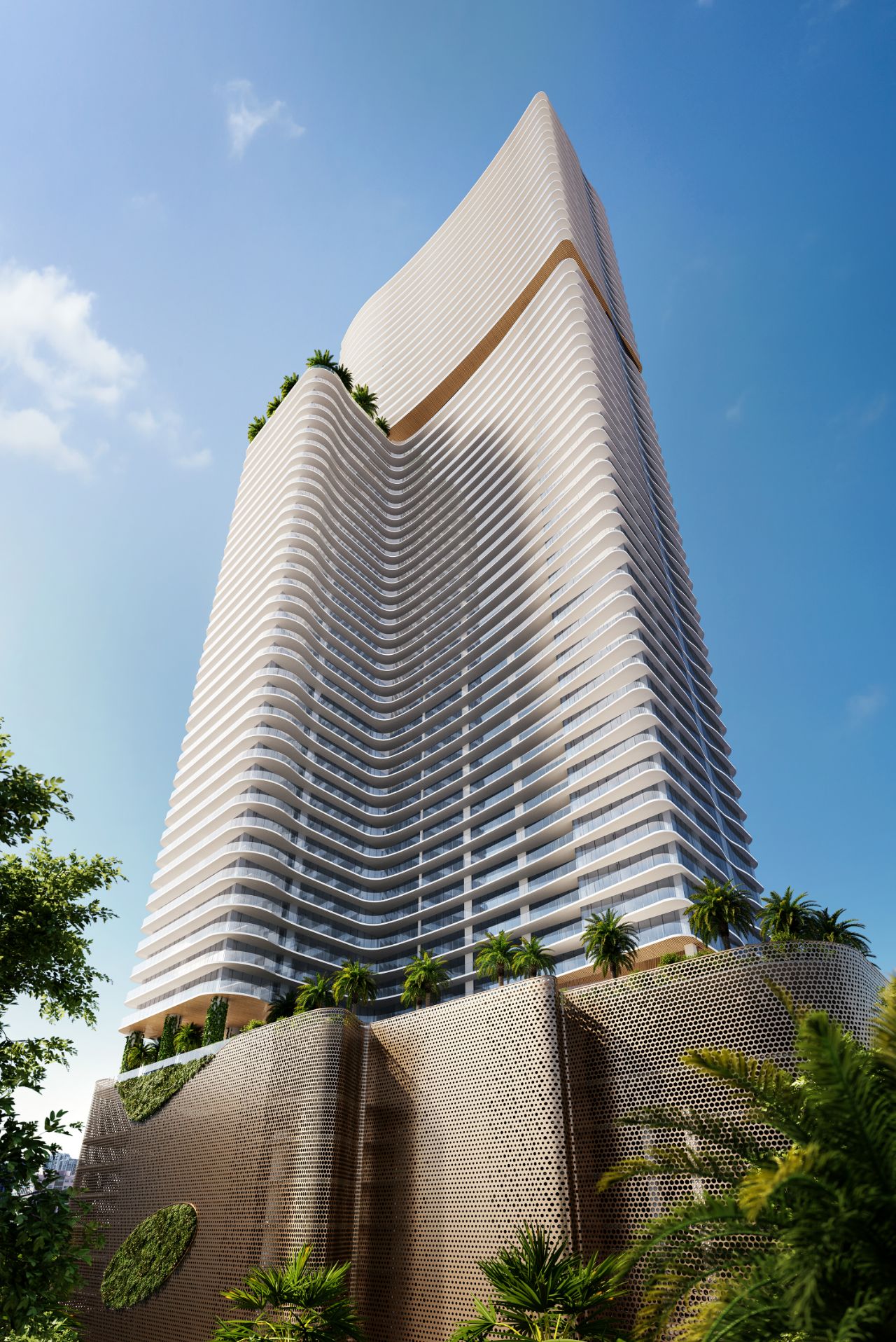 Base view of Miami beach sky scraper filled with condominiums during the day