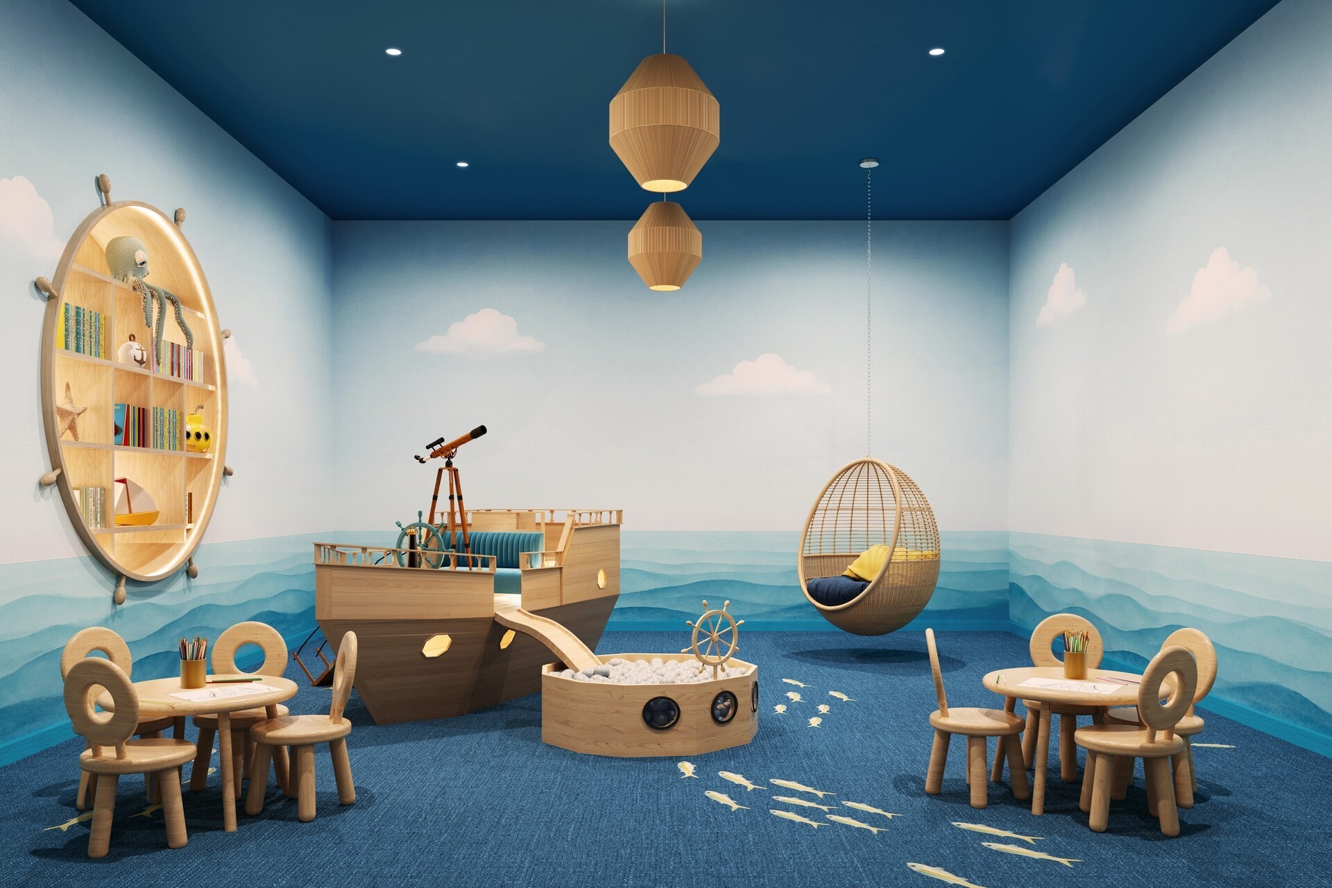 Children's playroom with nautical theme featuring a wooden ship structure, a hanging wicker chair, round wooden tables with chairs, and ocean wave wall murals.