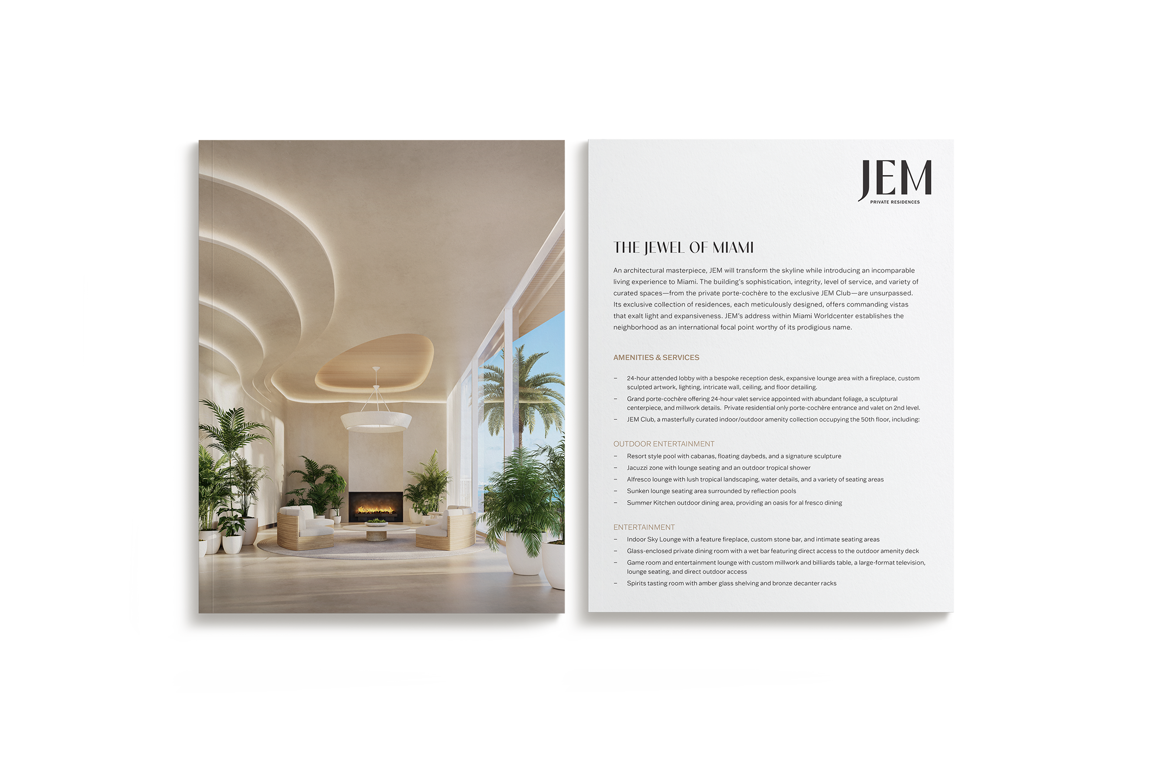 Open brochure showing JEM Private Residences with a modern lobby interior featuring curved ceiling lights, fireplace, potted plants, and seating area, alongside text describing amenities, outdoor entertainment, and entertainment options at JEM, The Jewel of Miami.
