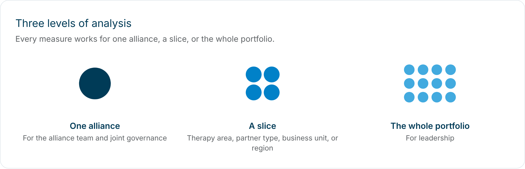 Three levels of analysis: one alliance, a slice, the whole portfolio
